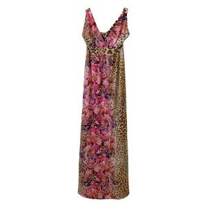 646 Main | S/M | Women's Floral & Cheetah Print Halter Stretchy Maxi Dress
